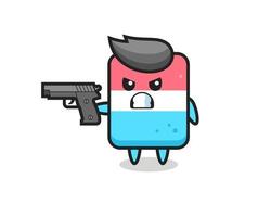 the cute eraser character shoot with a gun vector