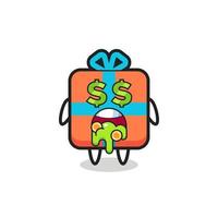 Personaje de caja de regalo con expresión de loco por el dinero. vector