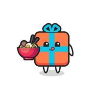 cute gift box character eating noodles vector