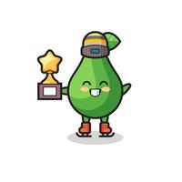 avocado cartoon as an ice skating player hold winner trophy vector