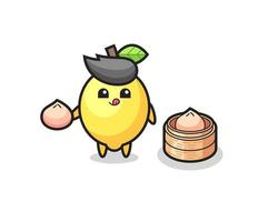 cute lemon character eating steamed buns vector