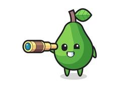 lindo personaje de aguacate sostiene un viejo telescopio vector