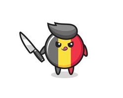 Linda mascota de la insignia de la bandera de Bélgica como un psicópata sosteniendo un cuchillo vector