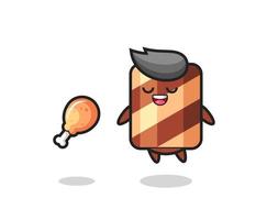 cute wafer roll floating and tempted because of fried chicken vector