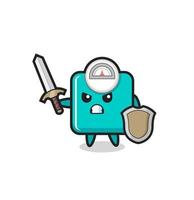 cute weight scale soldier fighting with sword and shield vector