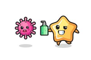 illustration of star character chasing evil virus with hand sanitizer vector