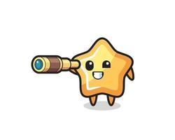 cute star character is holding an old telescope vector