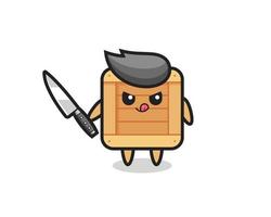 cute wooden box mascot as a psychopath holding a knife vector