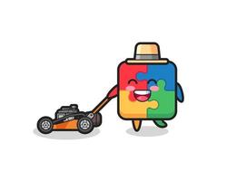 illustration of the puzzle character using lawn mower vector