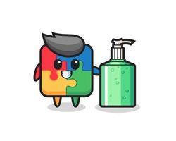 cute puzzle cartoon with hand sanitizer vector