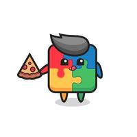 cute puzzle cartoon eating pizza vector