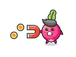 the character of radish hold a magnet to catch the gold coins vector