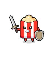 cute popcorn soldier fighting with sword and shield vector