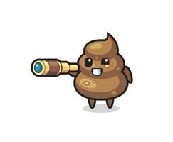 cute poop character is holding an old telescope vector