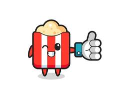 cute popcorn with social media thumbs up symbol vector