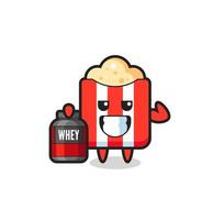 the muscular popcorn character is holding a protein supplement vector