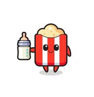 baby popcorn cartoon character with milk bottle vector