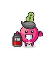 the muscular radish character is holding a protein supplement vector