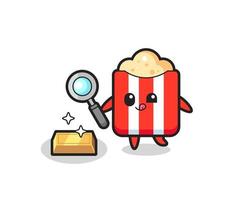 El personaje de las palomitas de maíz está comprobando la autenticidad de los lingotes de oro. vector