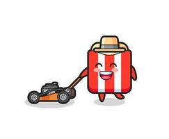 illustration of the popcorn character using lawn mower vector