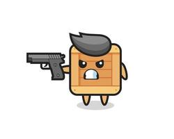 the cute wooden box character shoot with a gun vector