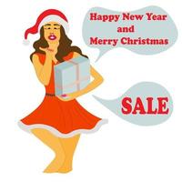 sexy woman in red dress and hat holds gift box for New Year vector