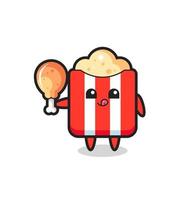 popcorn cute mascot is eating a fried chicken vector