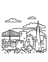 San Francisco Skyline Golden Gate Bridge California USA Mono Line Art vector
