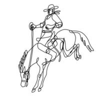 vaquero de rodeo montando caballo salvaje vista lateral dibujo de línea continua vector