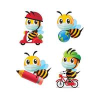 cartoon cute bee wearing face mask holding different items vector