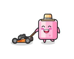 illustration of the marshmallow character using lawn mower vector