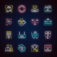 Pet friendly signs neon light icons set vector