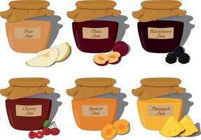 Fruit and berry jam in glass jar with inscription collection vector