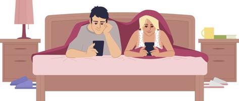 Pareja en la cama con teléfonos móviles semi plana rgb ilustración vectorial vector