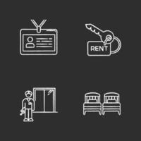 Renting hotel room chalk white icons set on black background vector