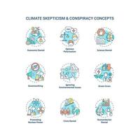 Climate skepticism and conspiracy concept icons set vector