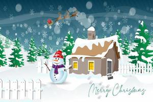 feliz navidad tarjeta de felicitación con muñeco de nieve y santa claus vector