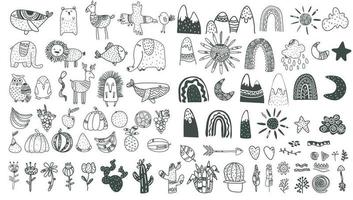 Scandinavian childrens elements. boho style doodle plants, animals vector