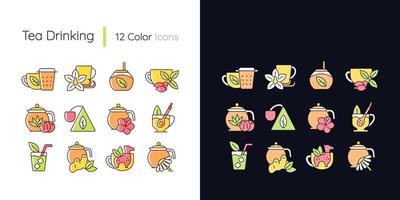 Conjunto de iconos de color rgb de tema claro y oscuro relacionado con el consumo de té vector