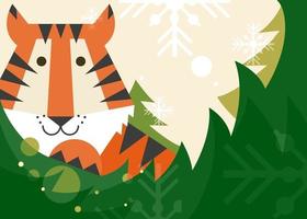 Banner with tiger, spruce and snowflakes. vector