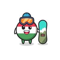 Ilustración del personaje de la insignia de la bandera de Hungría con estilo de snowboard vector