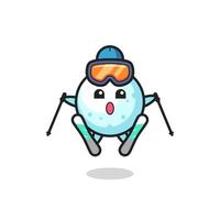 Personaje de mascota de bola de nieve como jugador de esquí. vector