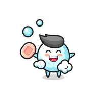 personaje de bola de nieve se está bañando mientras sostiene jabón vector