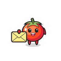 cartoon illustration of a tomato holding a yellow letter vector