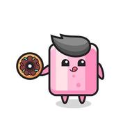 illustration of a marshmallow character eating a doughnut vector