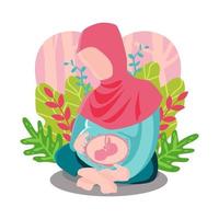 pregnant mom with hijab touching her belly vector