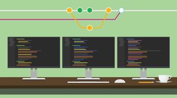 Ilustración del concepto de repositorio de código git con programa de código de 3 monitores vector