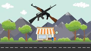 Tienda de armas en la acera con árboles y montañas como fondo vector