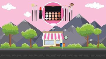 Tienda de maquillaje en la acera con árboles y montañas como fondo vector