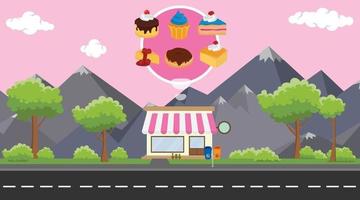 cakes store business on beside street with mountain view as background vector